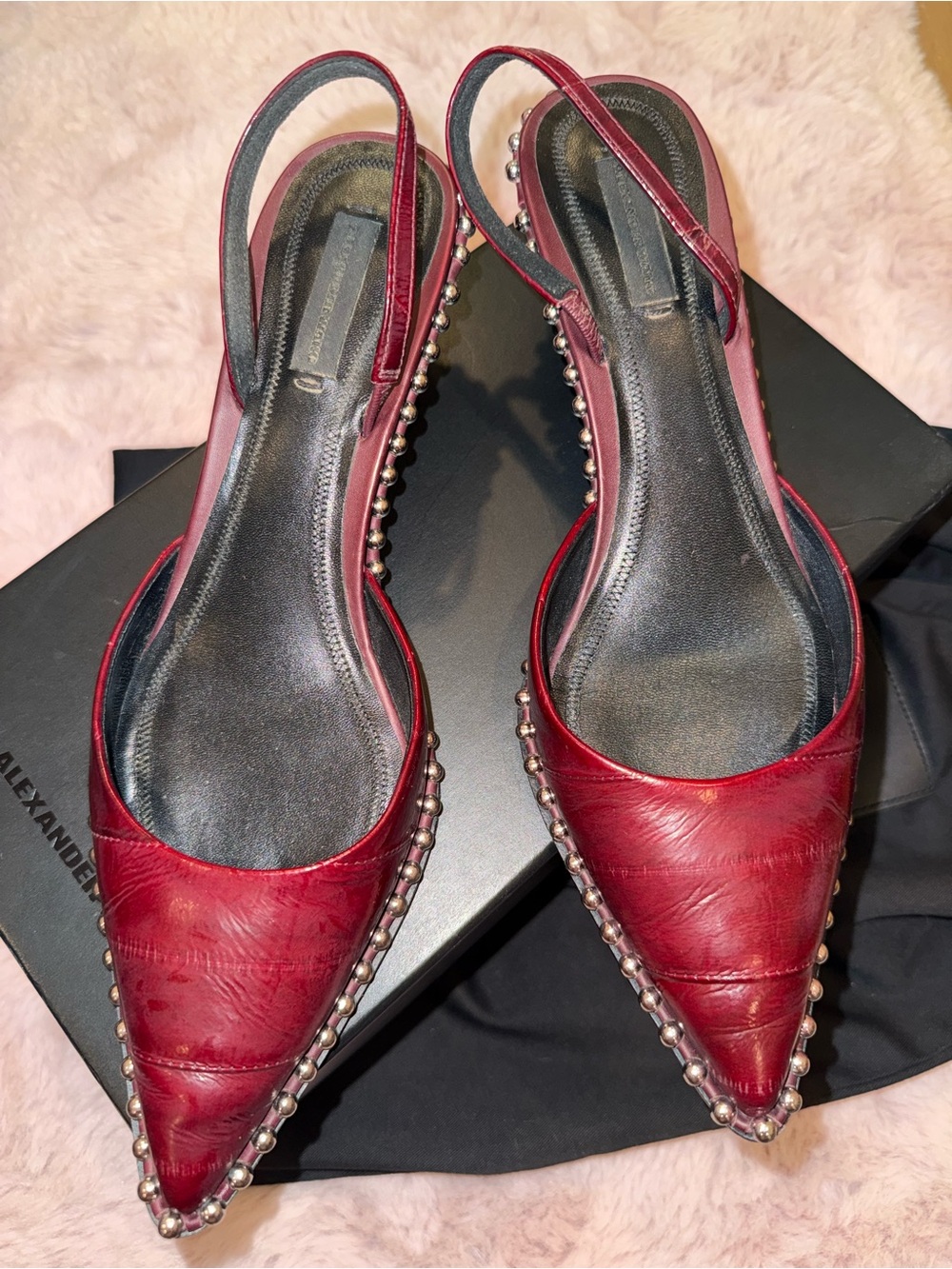 Alexander Wang Burgundy Leather Pointed Slingback Flats with Stud Trim